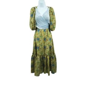 RENTRAYAGE WOMENS SIZE 2 TIE BACK RUFFLE HEM YELLOW FLORAL SILK DRESS MSRP 1250